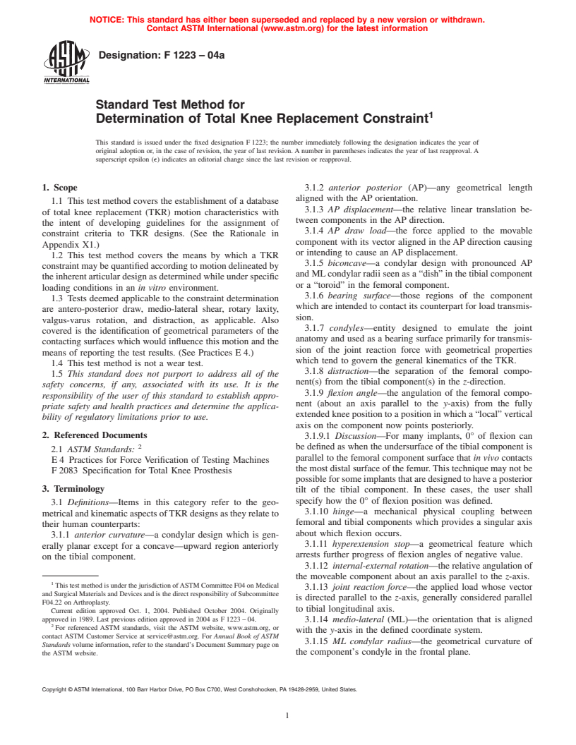 ASTM F1223-04a - Standard Test Method for Determination of Total Knee Replacement Constraint