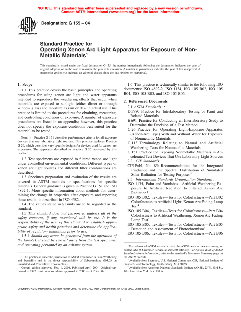 ASTM G155-04 - Standard Practice for Operating Xenon Arc Light Apparatus for Exposure of Non-Metallic Materials