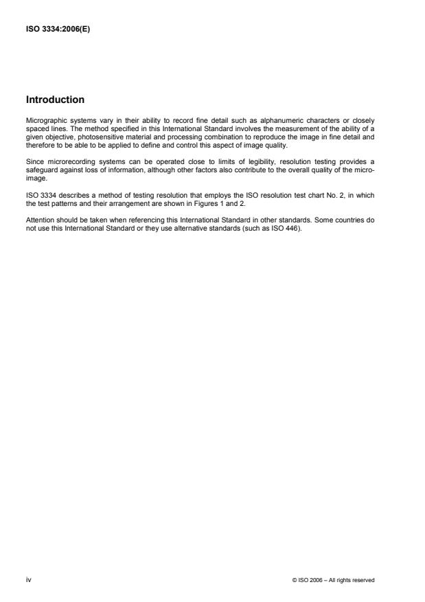 ISO 3334:2006 ISO 3334:2006 - Micrographics -- ISO resolution test chart No. 2 -- Description and use - Page 4 preview