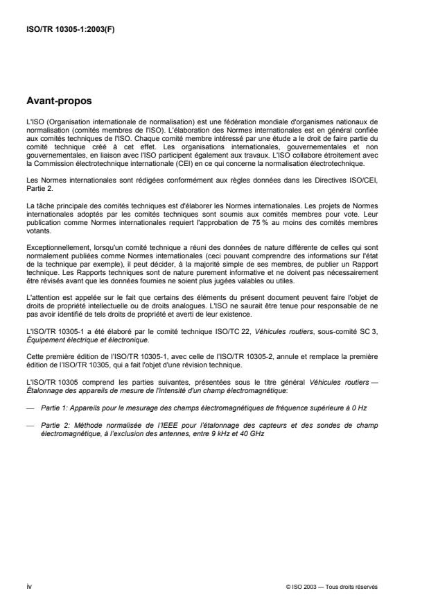 ISO/TR 10305-1:2003 ISO/TR 10305-1:2003 - Véhicules routiers -- Étalonnage des appareils de mesure de l'intensité d'un champ électromagnétique - Page 4 preview