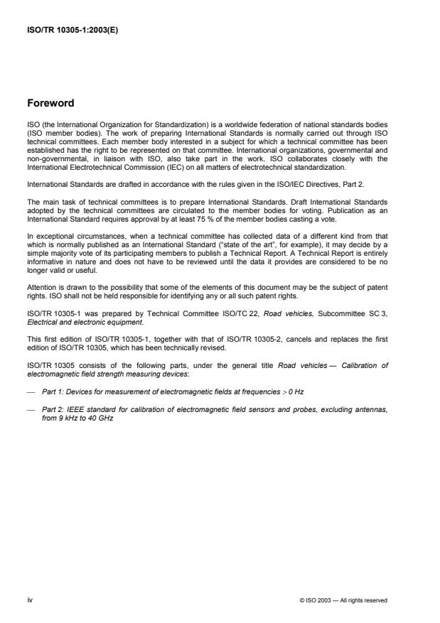 ISO/TR 10305-1:2003 ISO/TR 10305-1:2003 - Road vehicles -- Calibration of electromagnetic field strength measuring devices - Page 4 preview