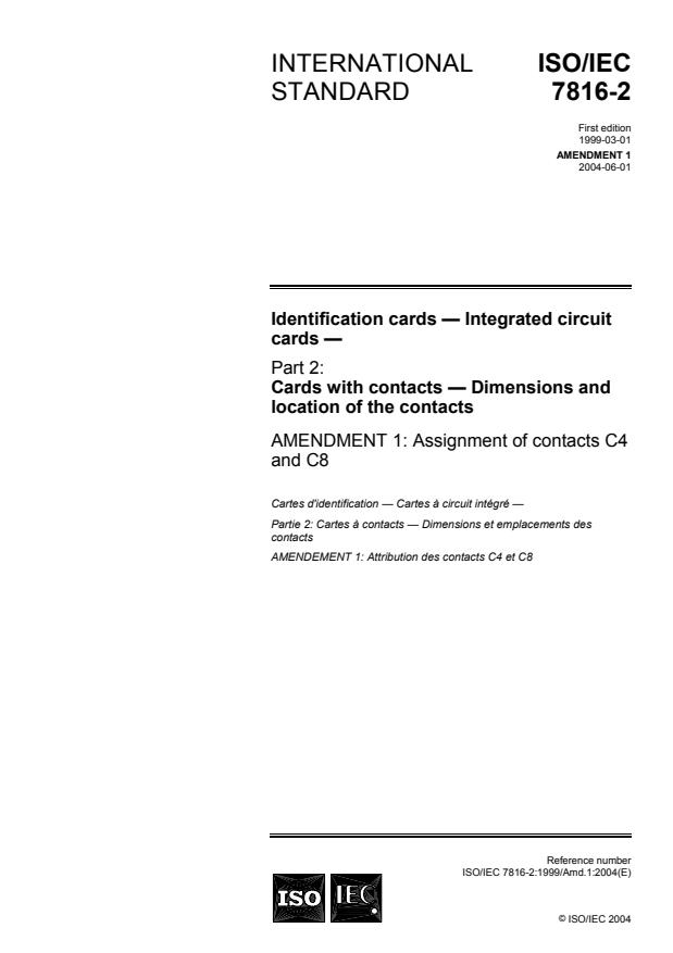 ISO/IEC 7816-2:1999/Amd 1:2004 - Assignment of contacts C4 and C8