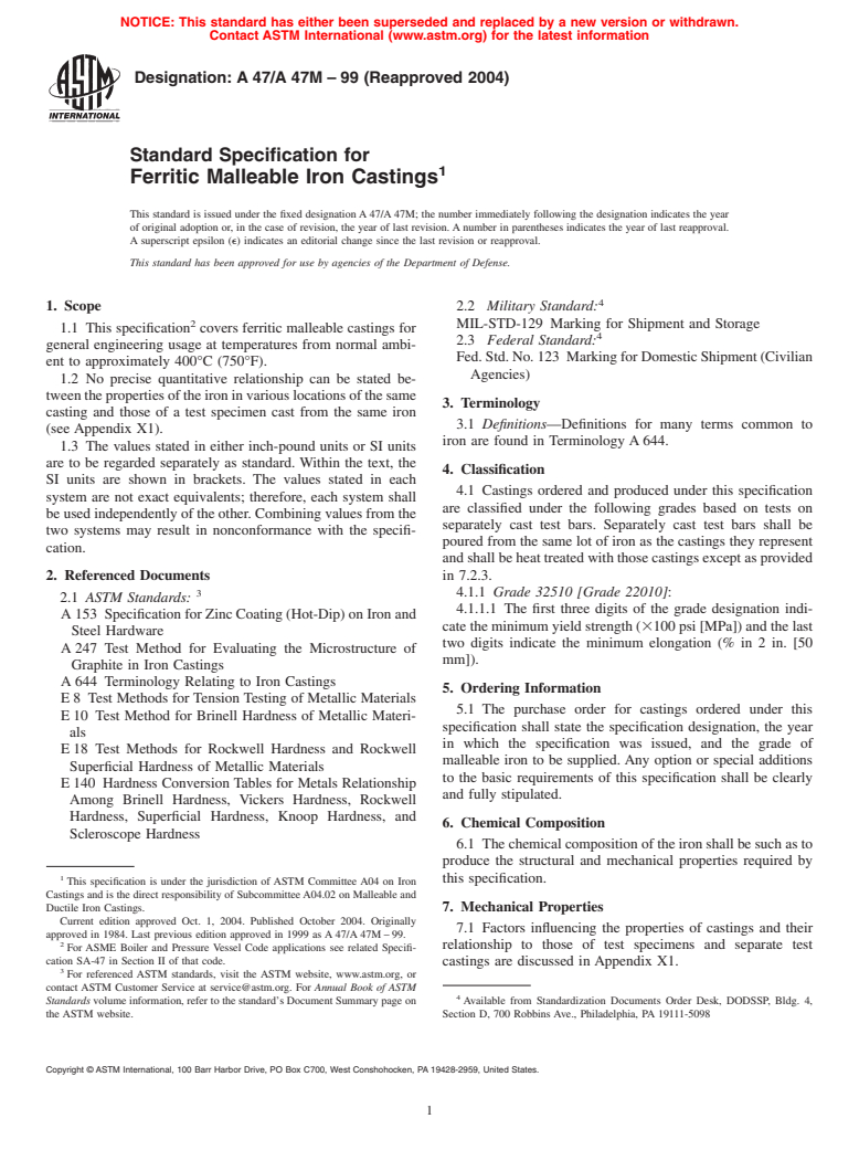 ASTM A47/A47M-99(2004) - Standard Specification for Ferritic Malleable Iron Castings