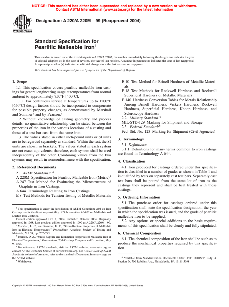 ASTM A220/A220M-99(2004) - Standard Specification for Pearlitic Malleable Iron