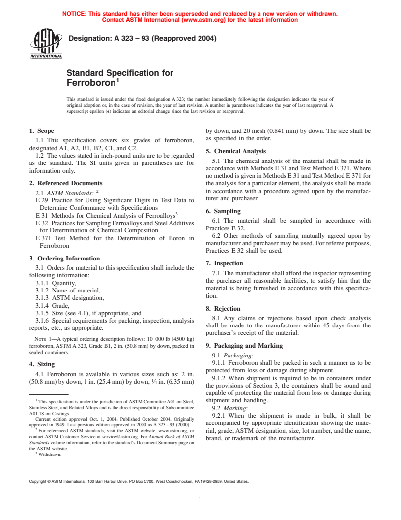 ASTM A323-93(2004) - Standard Specification for Ferroboron