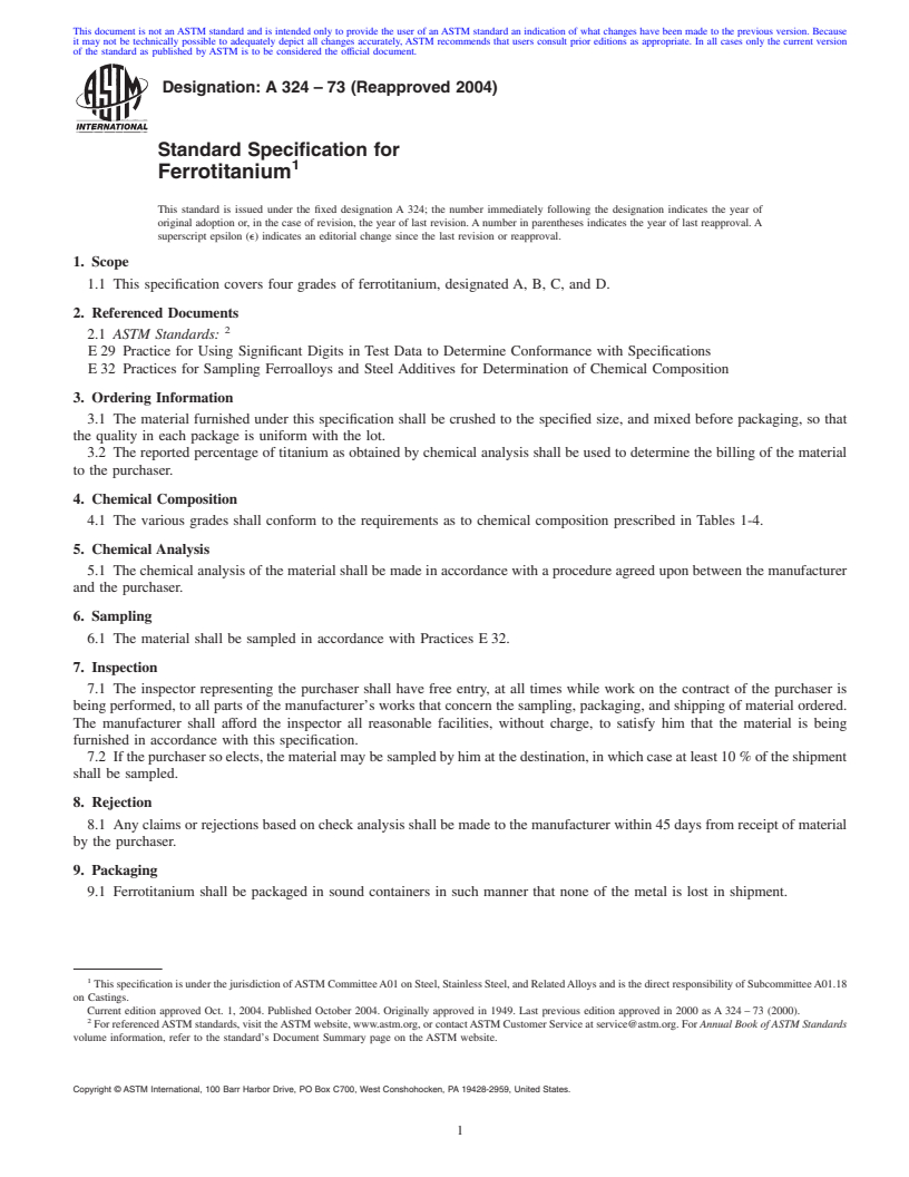 REDLINE ASTM A324-73(2004) - Standard Specification for Ferrotitanium