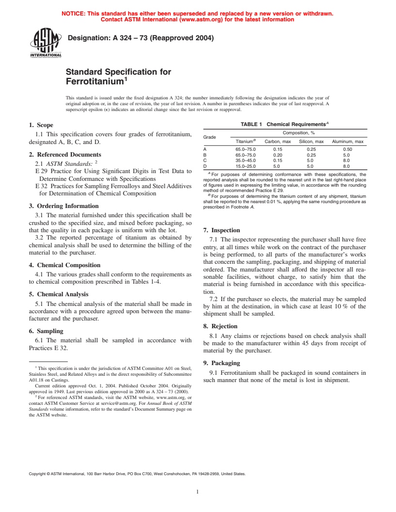 ASTM A324-73(2004) - Standard Specification for Ferrotitanium