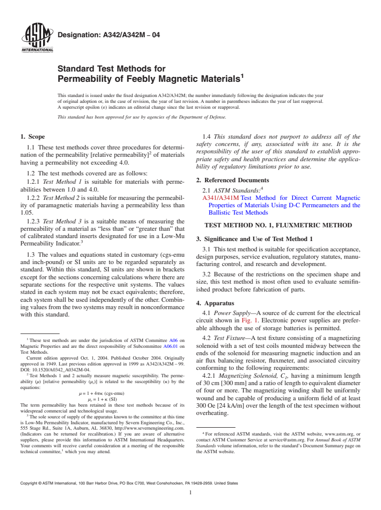 ASTM A342/A342M-04 - Standard Test Methods for Permeability of Feebly Magnetic Materials