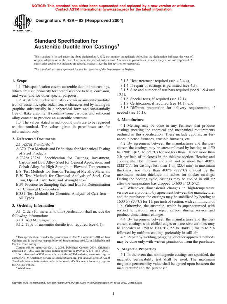 ASTM A439-83(2004) - Standard Specification for Austenitic Ductile Iron Castings