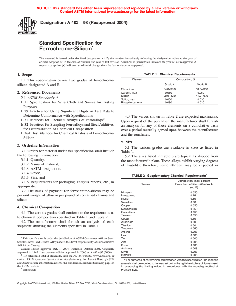 ASTM A482-93(2004) - Standard Specification for Ferrochrome-Silicon