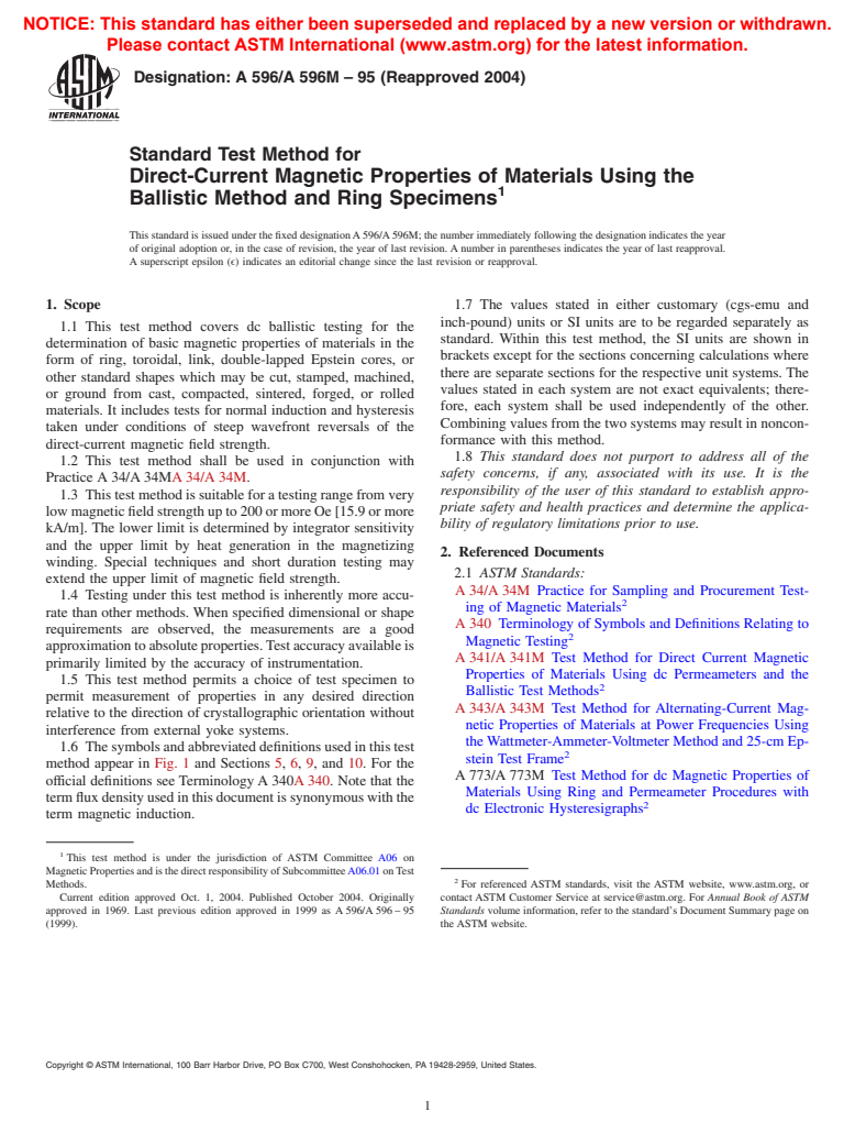 ASTM A596/A596M-95(2004) - Standard Test Method for Direct-Current Magnetic Properties of Materials Using the Ballistic Method and Ring Specimens