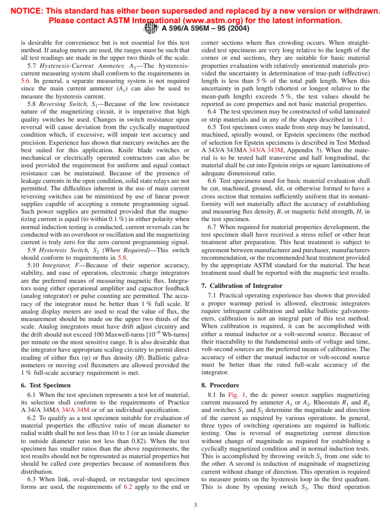 ASTM A596/A596M-95(2004) - Standard Test Method for Direct-Current Magnetic Properties of Materials Using the Ballistic Method and Ring Specimens