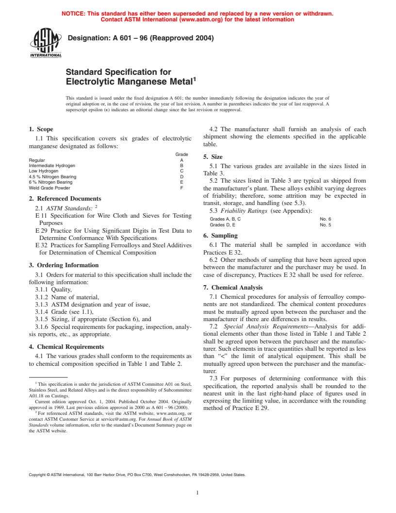 ASTM A601-96(2004) - Standard Specification for Electrolytic Manganese Metal