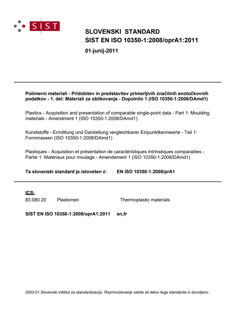 EN ISO 10350-1:2008/oprA1:2011