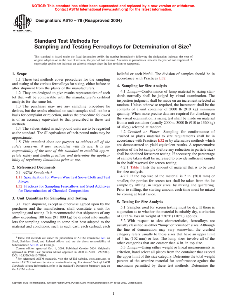 ASTM A610-79(2004) - Standard Test Methods for Sampling and Testing Ferroalloys for Determination of Size