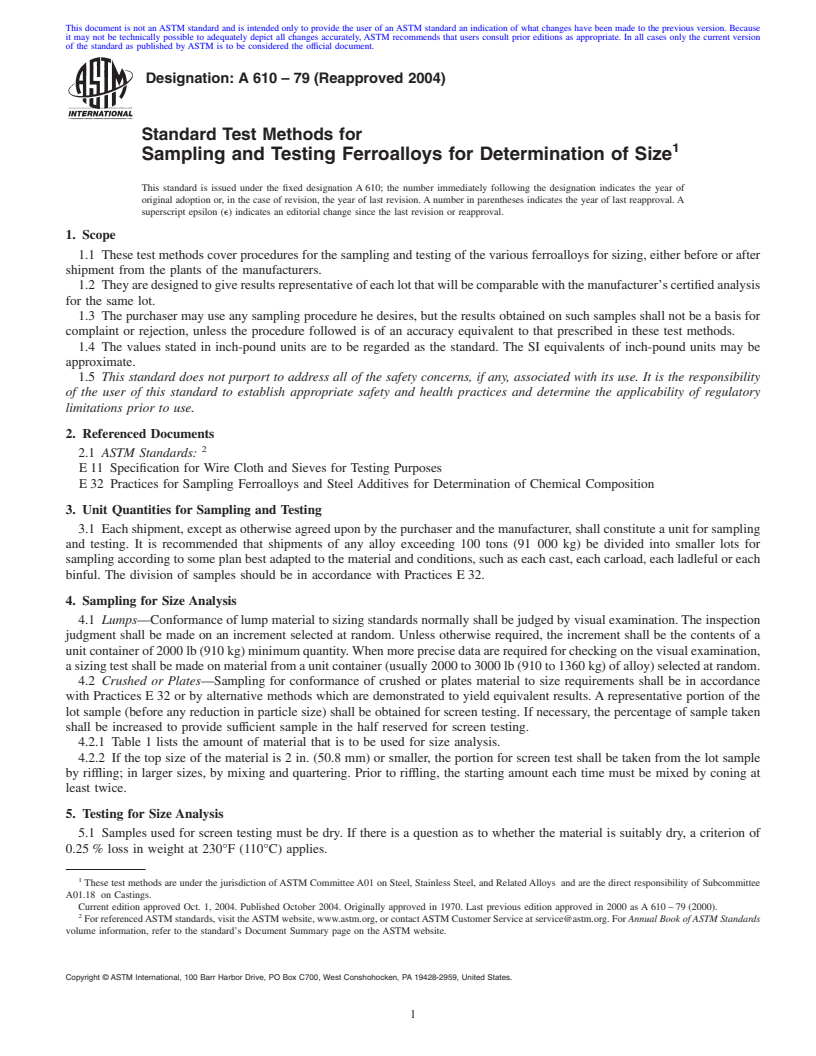 REDLINE ASTM A610-79(2004) - Standard Test Methods for Sampling and Testing Ferroalloys for Determination of Size