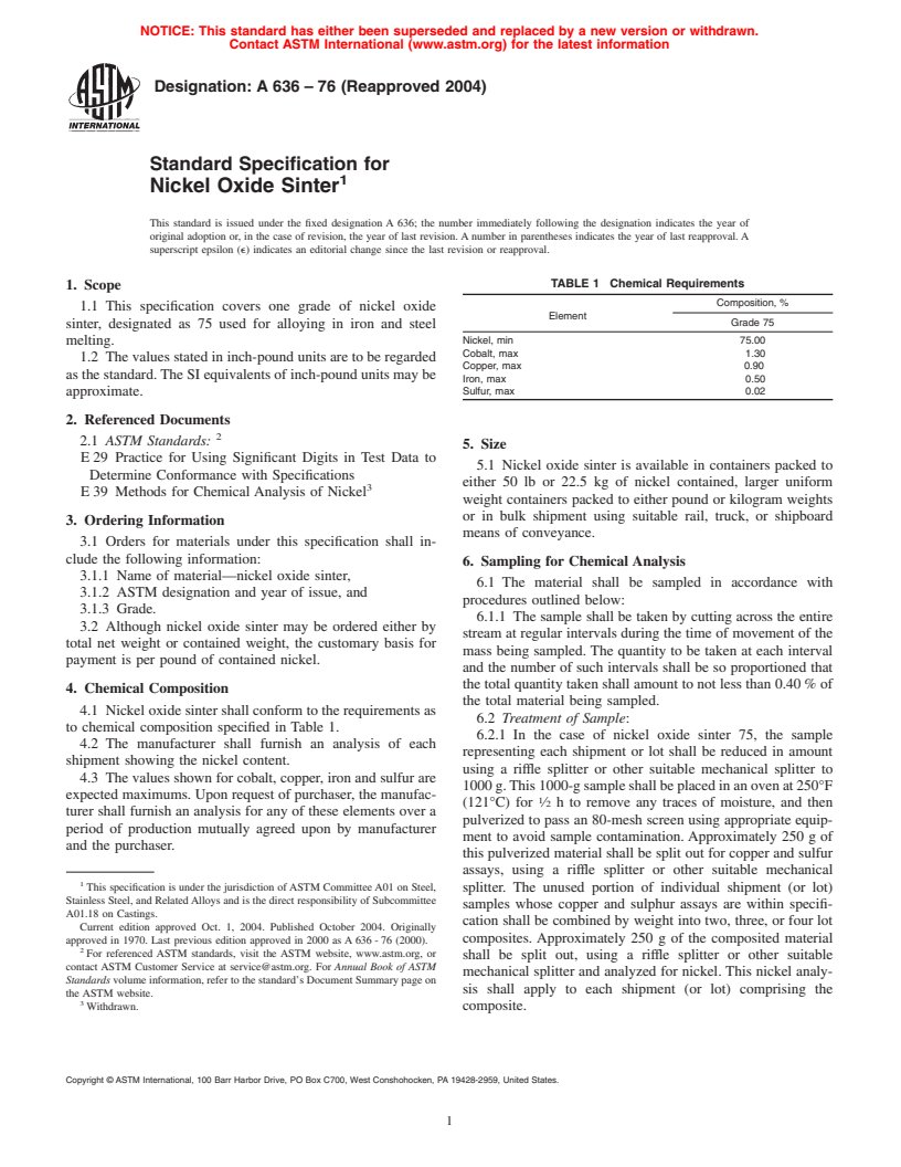 ASTM A636-76(2004) - Standard Specification for Nickel Oxide Sinter