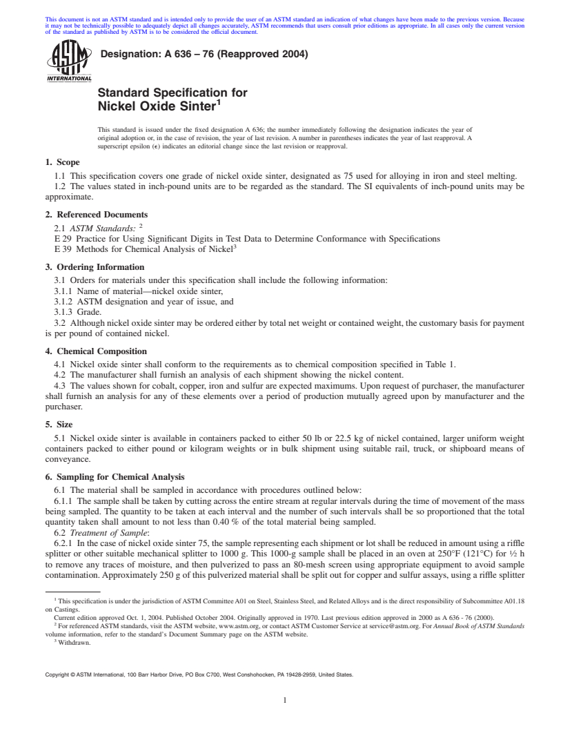 REDLINE ASTM A636-76(2004) - Standard Specification for Nickel Oxide Sinter