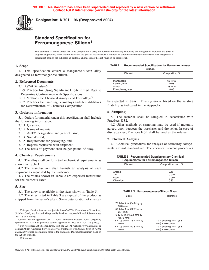 ASTM A701-96(2004) - Standard Specification for Ferromanganese-Silicon