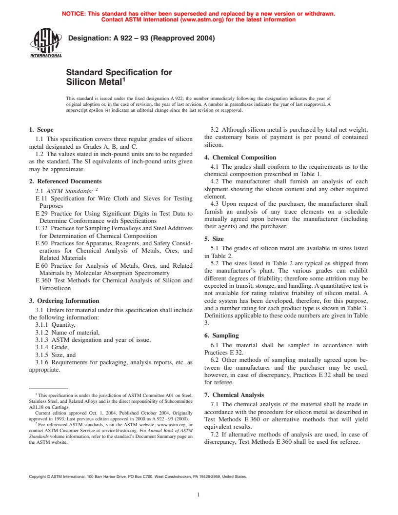 ASTM A922-93(2004) - Standard Specification for Silicon Metal