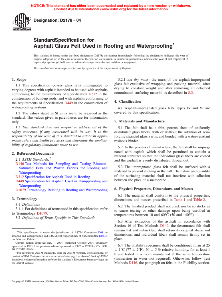 ASTM D2178-04 - Standard Specification for Asphalt Glass Felt Used in Roofing and Waterproofing (Withdrawn 2013)