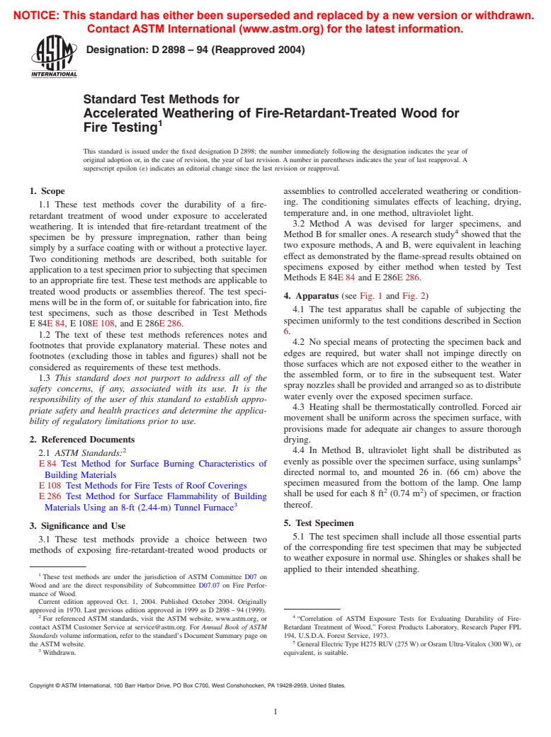 ASTM D2898-94(2004) - Standard Test Methods for Accelerated Weathering of Fire-Retardant-Treated Wood for Fire Testing