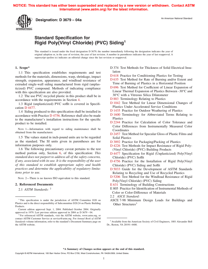 ASTM D3679-04a - Standard Specification for Rigid Poly(Vinyl Chloride) (PVC) Siding