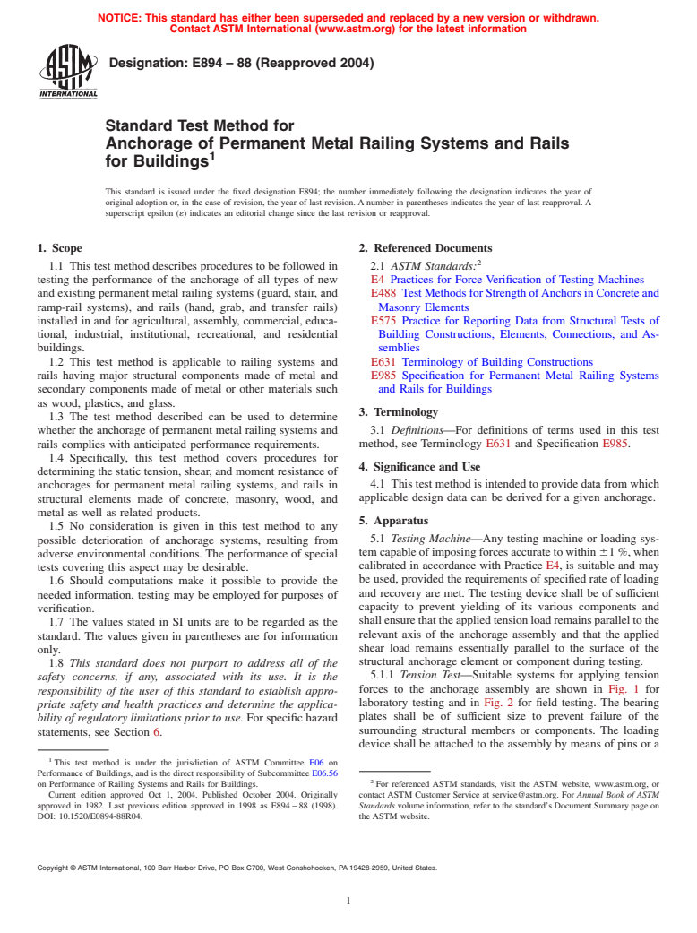 ASTM E894-88(2004) - Standard Test Method for Anchorage of Permanent Metal Railing Systems and Rails for Buildings