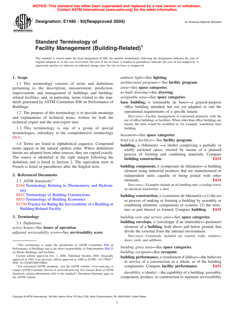 ASTM E1480-92(2004) - Standard Terminology of Facility Management (Building-Related)