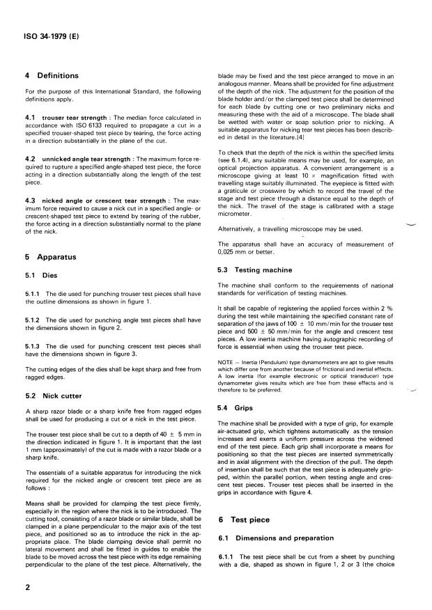 ISO 34:1979 ISO 34:1979 - Rubber, vulcanized -- Determination of tear strength (trouser, angle and crescent test pieces) - Page 4 preview