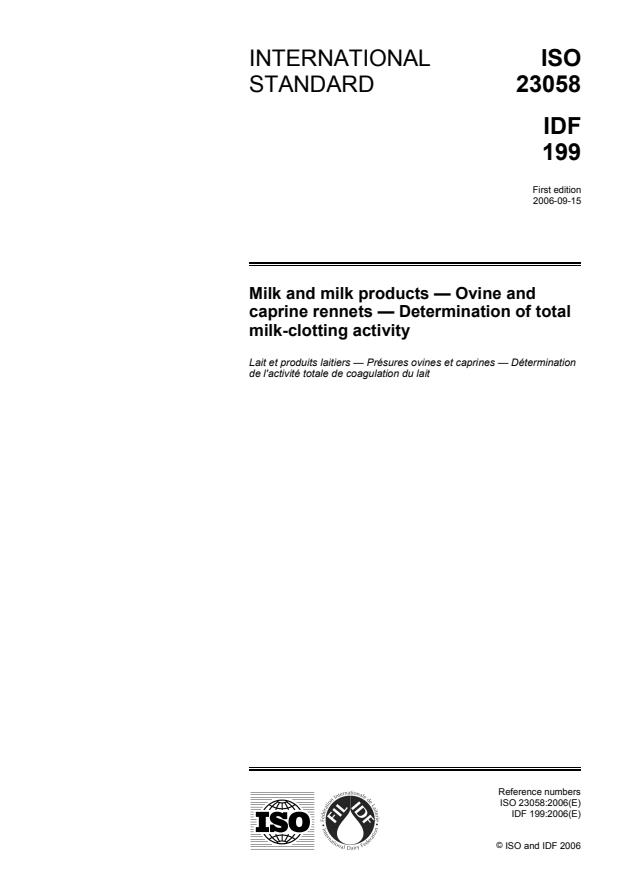 ISO 23058:2006 - Milk and milk products -- Ovine and caprine rennets -- Determination of total milk-clotting activity