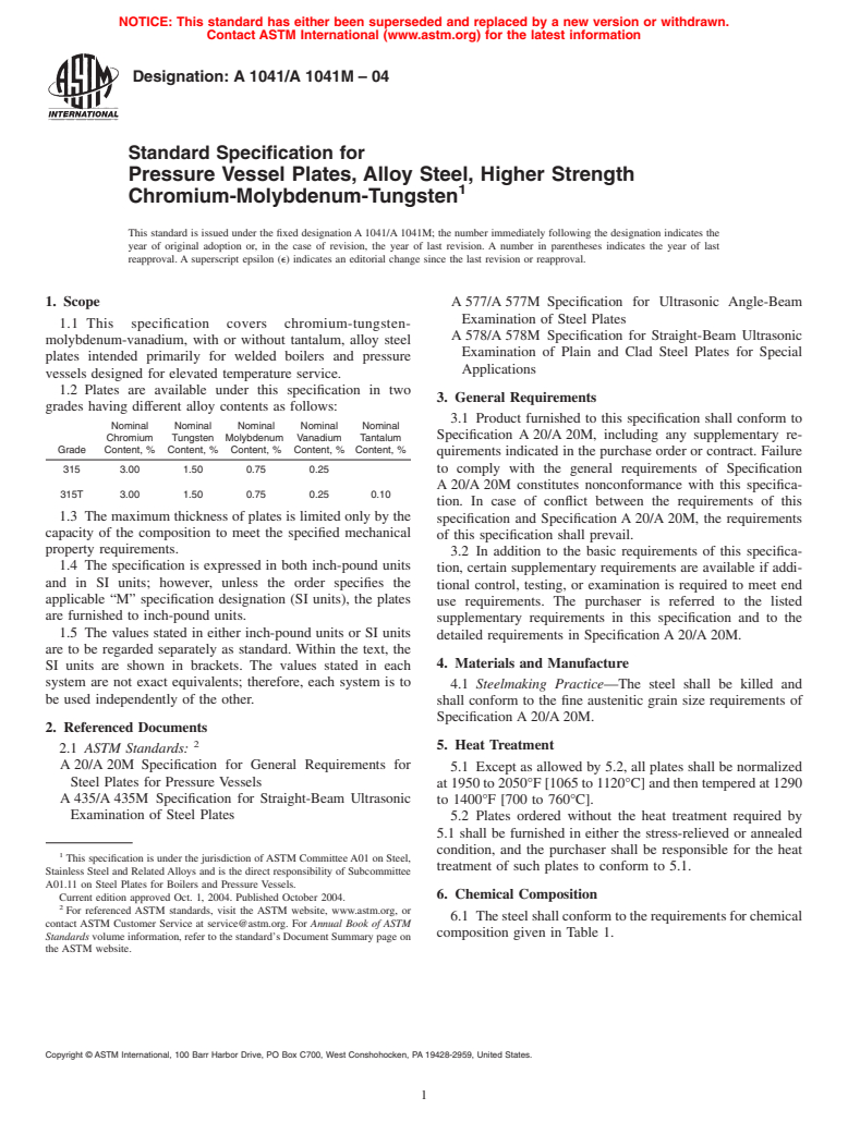 ASTM A1041/A1041M-04 - Standard Specification for Pressure Vessel Plates, Alloy Steel, Higher Strength Chromium-Molybdenum-Tungsten