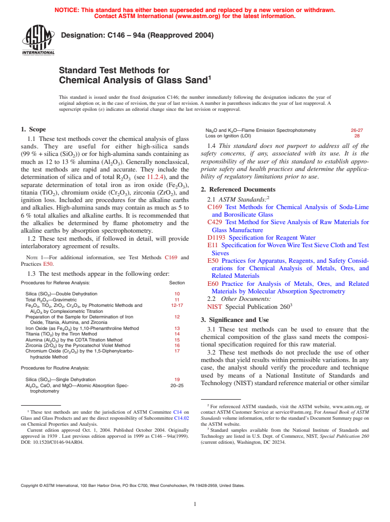 ASTM C146-94a(2004) - Standard Test Methods for Chemical Analysis of Glass Sand