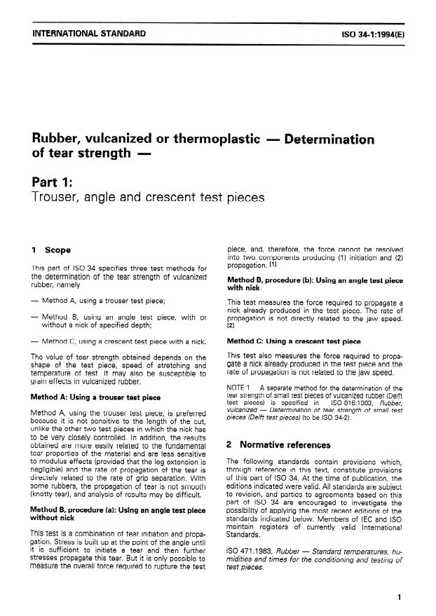 ISO 34-1:1994 - Rubber, vulcanized or thermoplastic -- Determination of tear strength