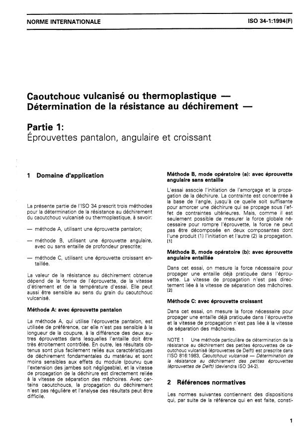 ISO 34-1:1994 - Caoutchouc vulcanisé ou thermoplastique -- Détermination de la résistance au déchirement