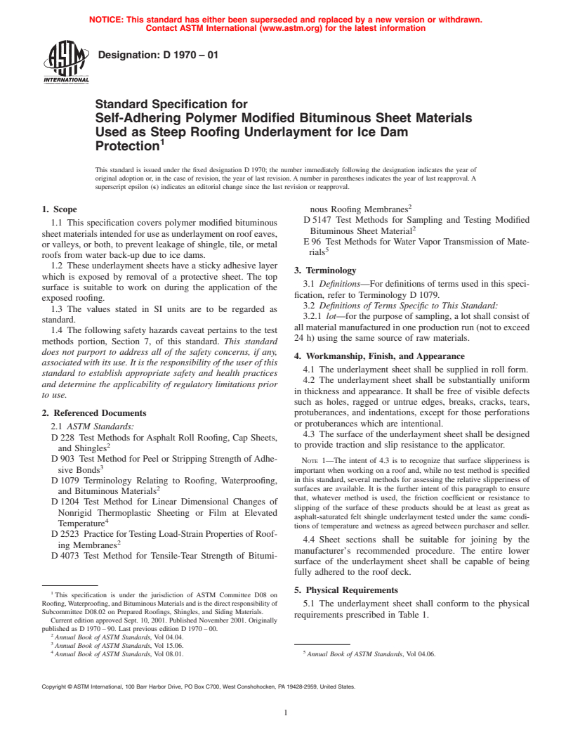 ASTM D1970-01 - Standard Specification for Self-Adhering Polymer Modified Bituminous Sheet Materials Used as Steep Roofing Underlayment for Ice Dam Protection