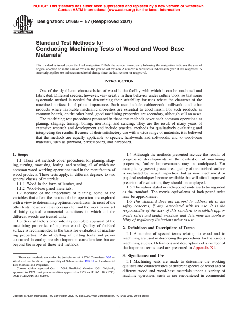 ASTM D1666-87(2004) - Standard Test Methods for Conducting Machining Tests of Wood and Wood-Base Materials