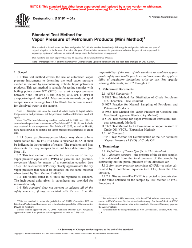 ASTM D5191-04a - Standard Test Method for Vapor Pressure of Petroleum Products (Mini Method)