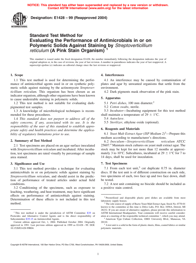 ASTM E1428-99(2004) - Standard Test Method for Evaluating the Performance of Antimicrobials in or on Polymeric Solids Against Staining by <med><i>Streptoverticillium reticulum</i></i> (A Pink Stain Organism)