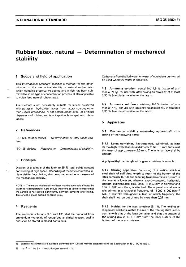 ISO 35:1982 - Rubber latex, natural -- Determination of mechanical stability