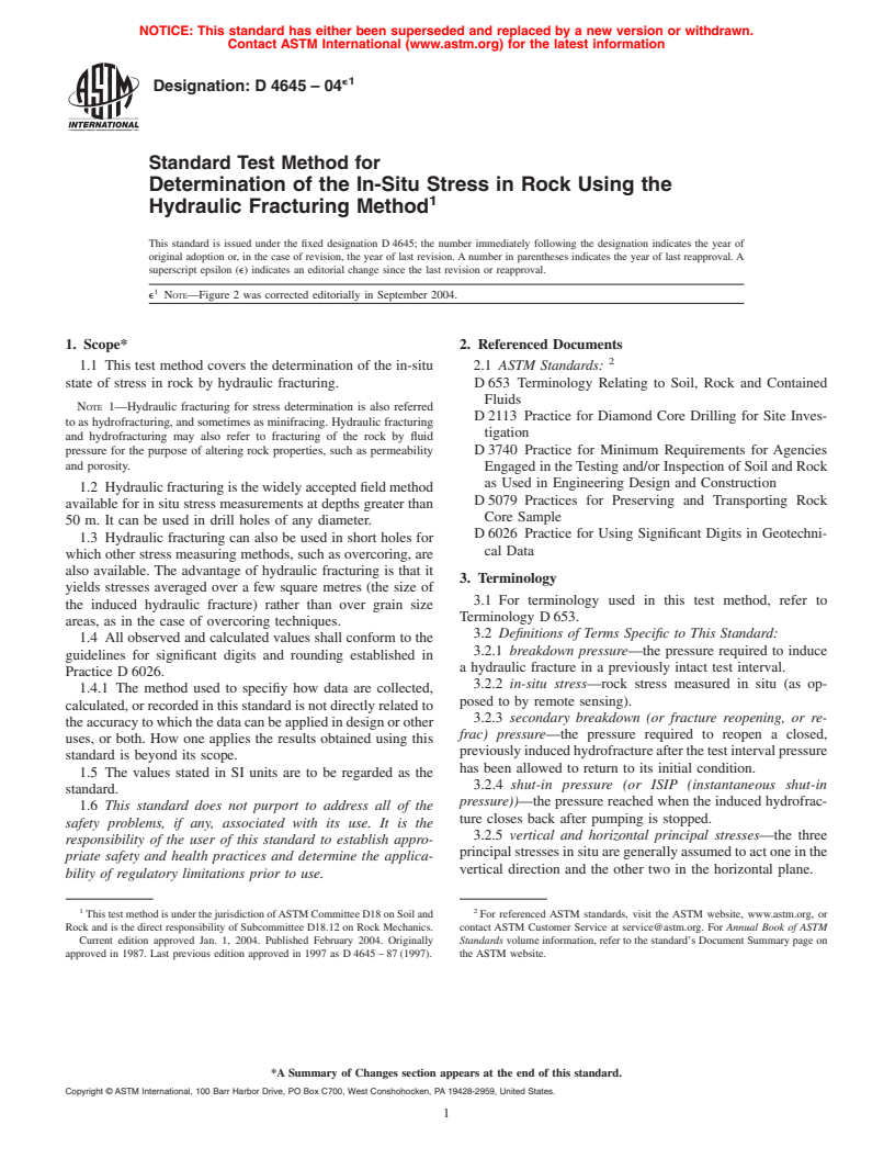 ASTM D4645-04e1 - Standard Test Method for Determination of the In-Situ Stress in Rock Using the Hydraulic Fracturing Method