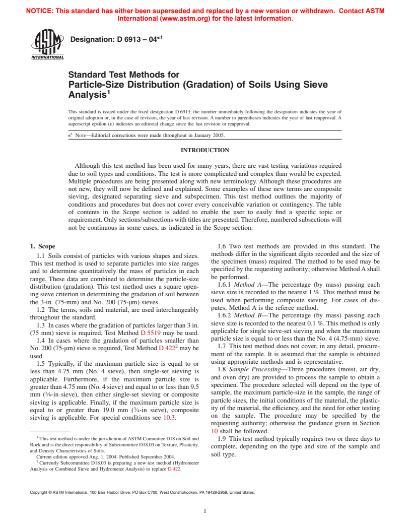 ASTM D6913-04 - Standard Test Methods for Particle-Size Distribution (Gradation) of Soils Using Sieve Analysis