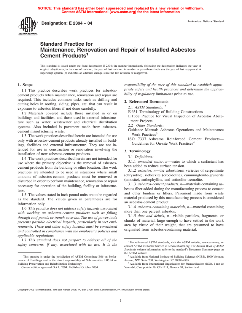 ASTM E2394-04 - Standard Practice for Maintenance, Renovation and Repair of Installed Asbestos Cement Products