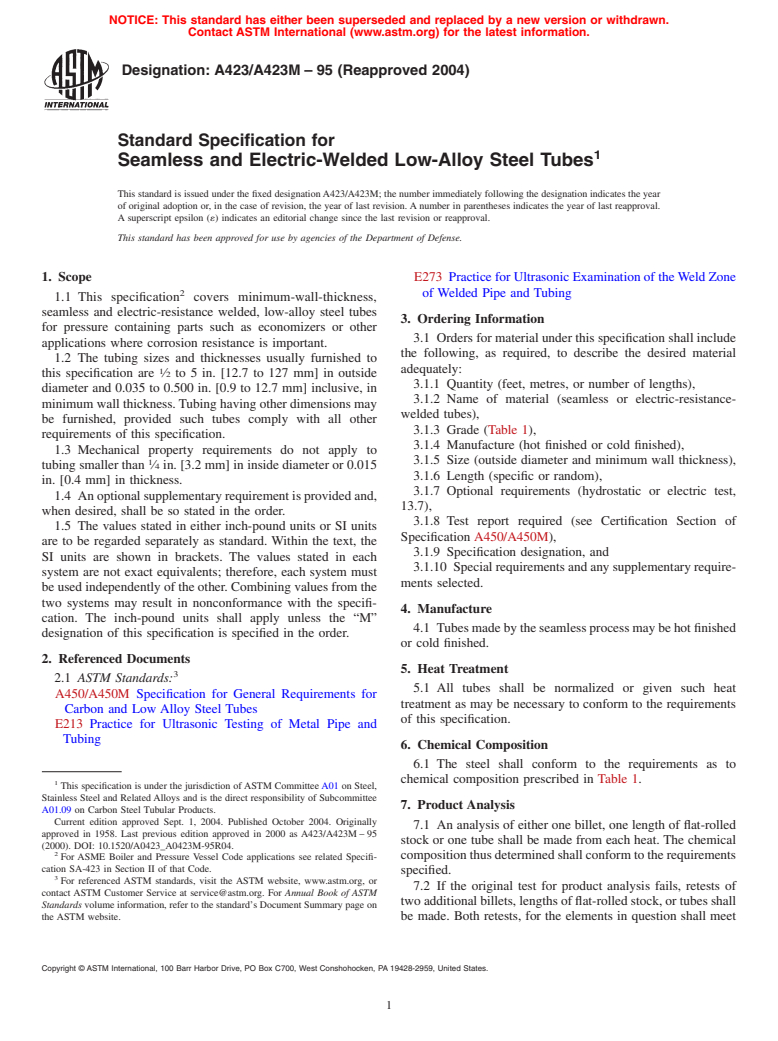 ASTM A423/A423M-95(2004) - Standard Specification for Seamless and Electric-Welded Low-Alloy Steel Tubes