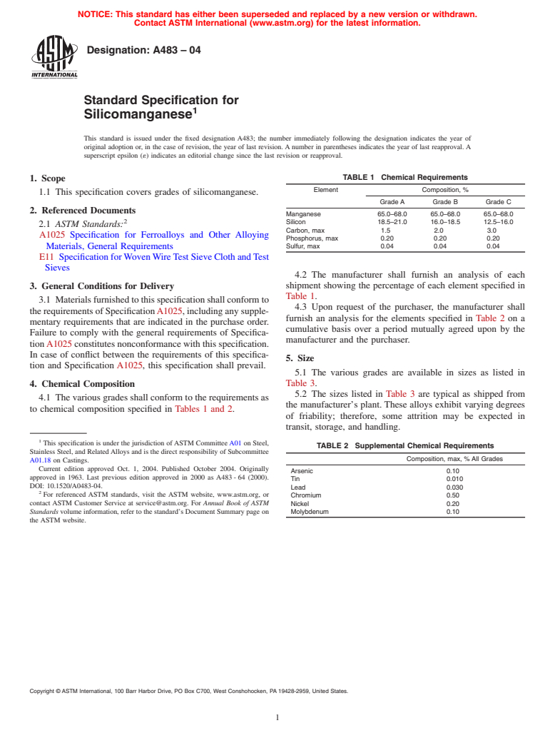 ASTM A483-04 - Standard Specification for Silicomanganese