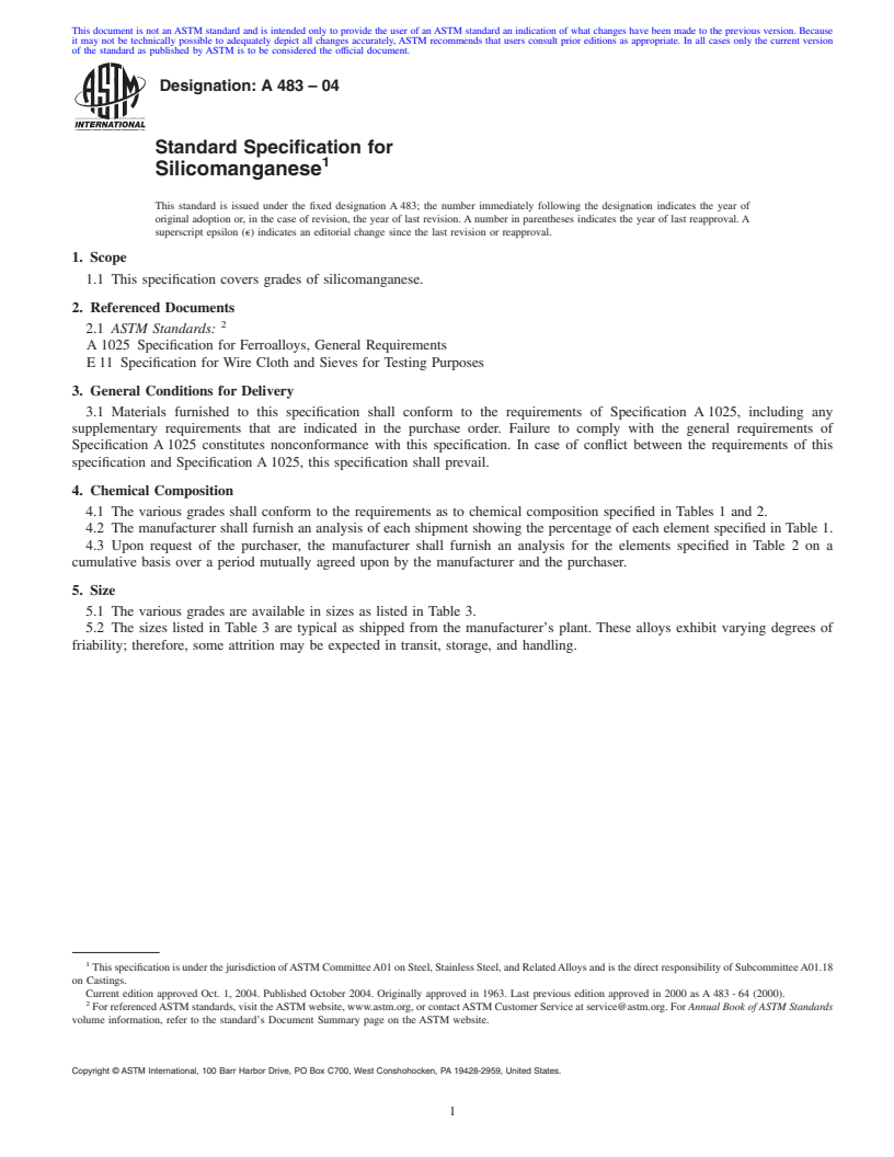 REDLINE ASTM A483-04 - Standard Specification for Silicomanganese