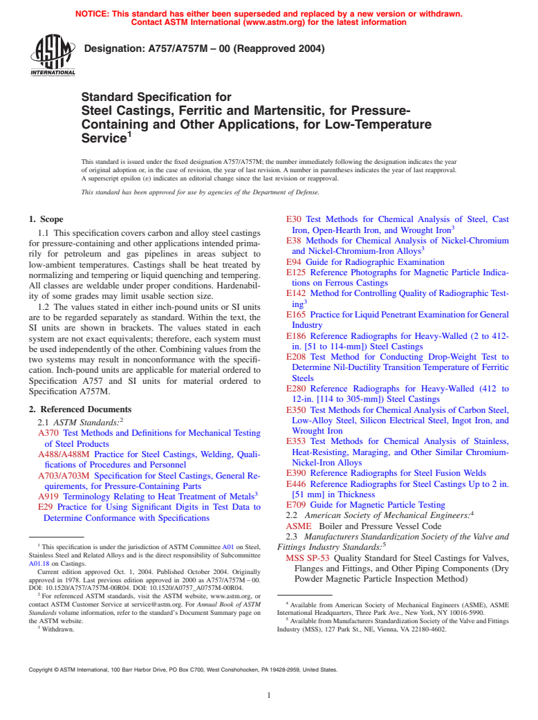 ASTM A757/A757M-00(2004) - Standard Specification for Steel Castings, Ferritic and Martensitic, for Pressure-Containing and Other Applications, for Low-Temperature Service