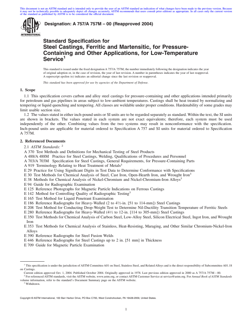 REDLINE ASTM A757/A757M-00(2004) - Standard Specification for Steel Castings, Ferritic and Martensitic, for Pressure-Containing and Other Applications, for Low-Temperature Service