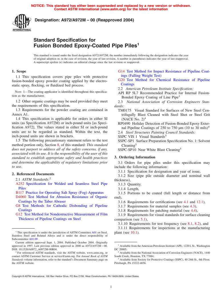 ASTM A972/A972M-00(2004) - Standard Specification for Fusion Bonded Epoxy-Coated Pipe Piles