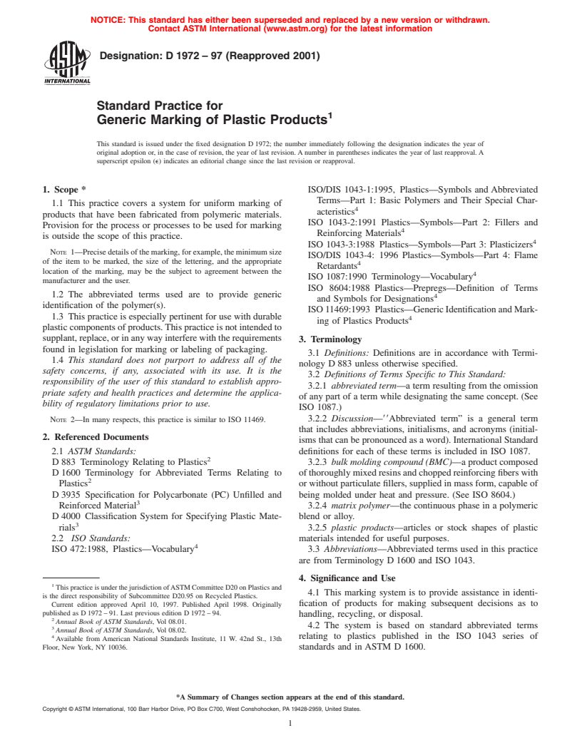 ASTM D1972-97(2001) - Standard Practice for Generic Marking of Plastic Products